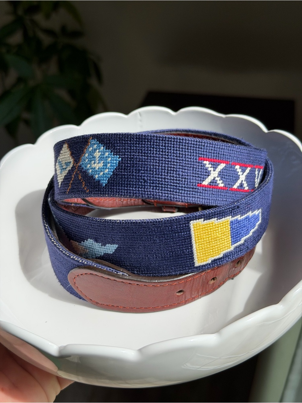Navy Embroidered Needlepoint Men's Belt with Leather Trim